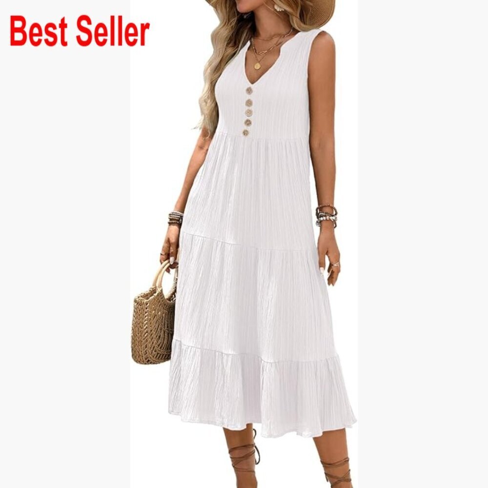Sleeveless V-Neck Button Midi Dress Tiered Ruffle Flows Skirt